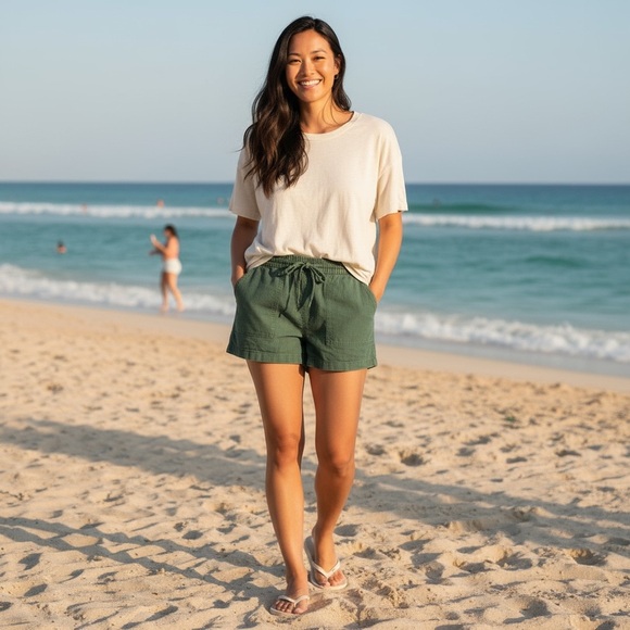 New J.Crew Linen Blend Pull-On Shorts Green Drawstring Relaxed Fit Pockets XS - Picture 3 of 6